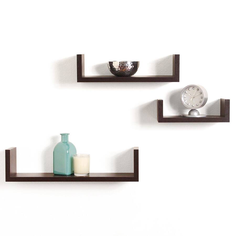 Walnut Brown Set of three U Floating Wall Rack Decoration Shelves