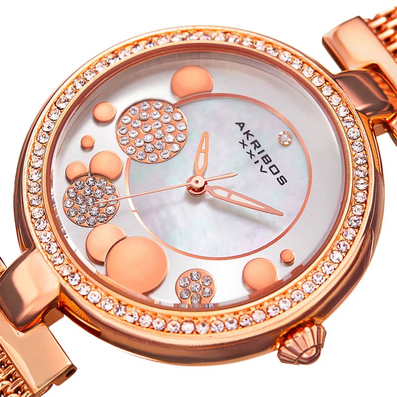 Akribos XXIV Women's Quartz Diamond Stainless Steel Mesh Rose-Tone Bracelet Watch - PInk