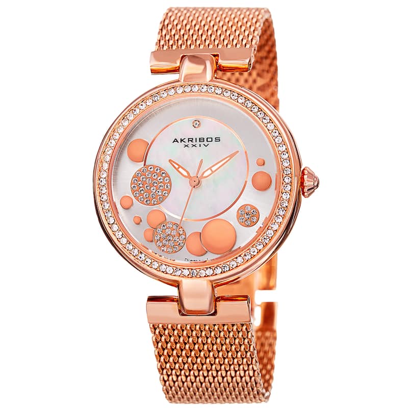 Akribos XXIV Women's Quartz Diamond Stainless Steel Mesh Rose-Tone Bracelet Watch - PInk