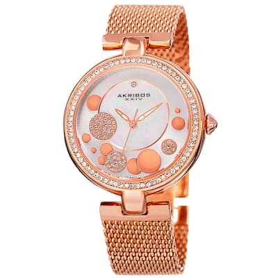 Akribos XXIV Women's Quartz Diamond Stainless Steel Mesh Rose-Tone Bracelet Watch - PInk