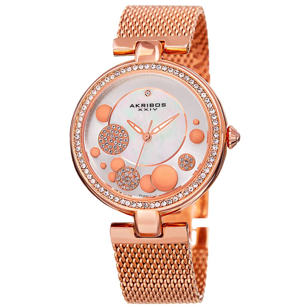Akribos XXIV Women's Quartz Diamond Stainless Steel Mesh Rose-Tone Bracelet Watch - PInk