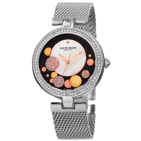 Akribos XXIV Women's Quartz Diamond Stainless Steel Mesh Silver-Tone Bracelet Watch - brown