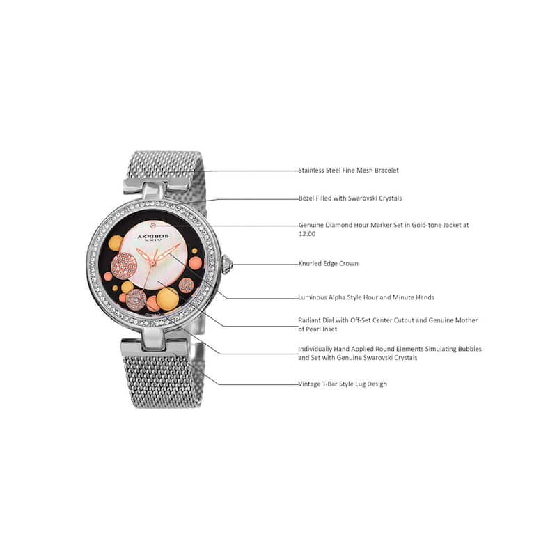 Akribos XXIV Women's Quartz Diamond Stainless Steel Mesh Silver-Tone Bracelet Watch - brown