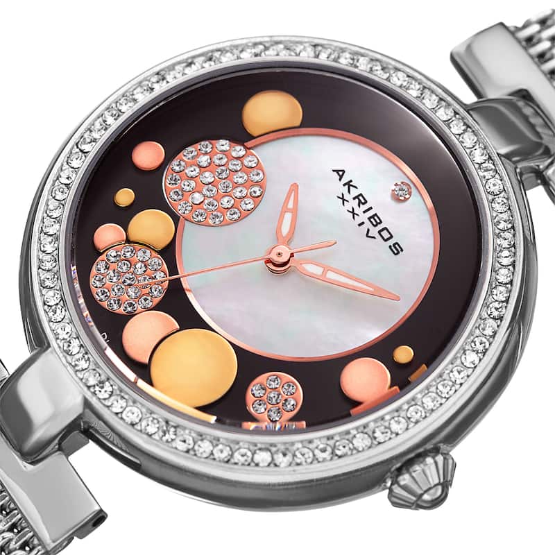 Akribos XXIV Women's Quartz Diamond Stainless Steel Mesh Silver-Tone Bracelet Watch - brown