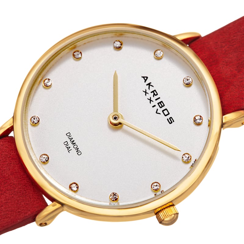 Akribos XXIV Women's Quartz Diamond Markers 'Crazy Horse' Leather Strap Watch - Red