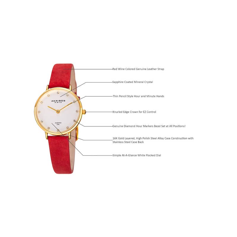 Akribos XXIV Women's Quartz Diamond Markers 'Crazy Horse' Leather Strap Watch - Red