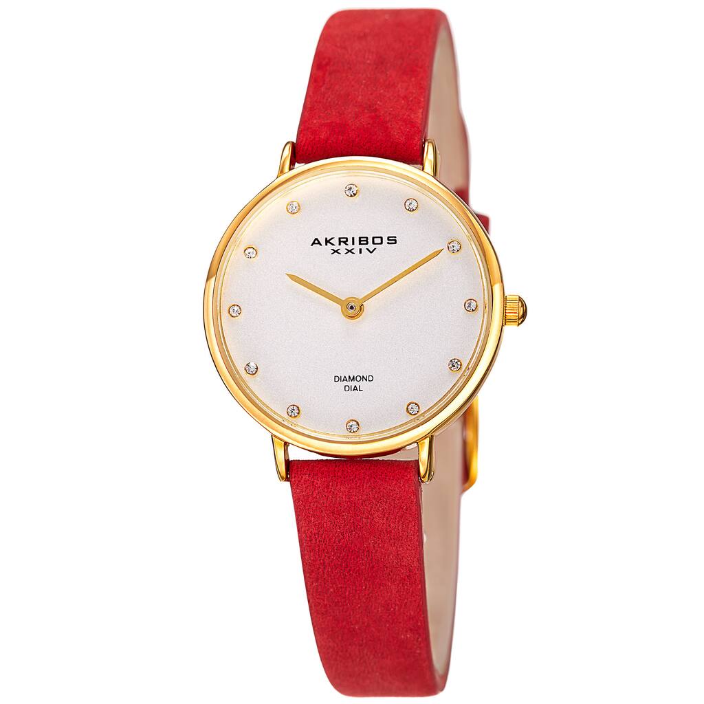 Akribos XXIV Women's Quartz Diamond Markers 'Crazy Horse' Leather Strap Watch - Red