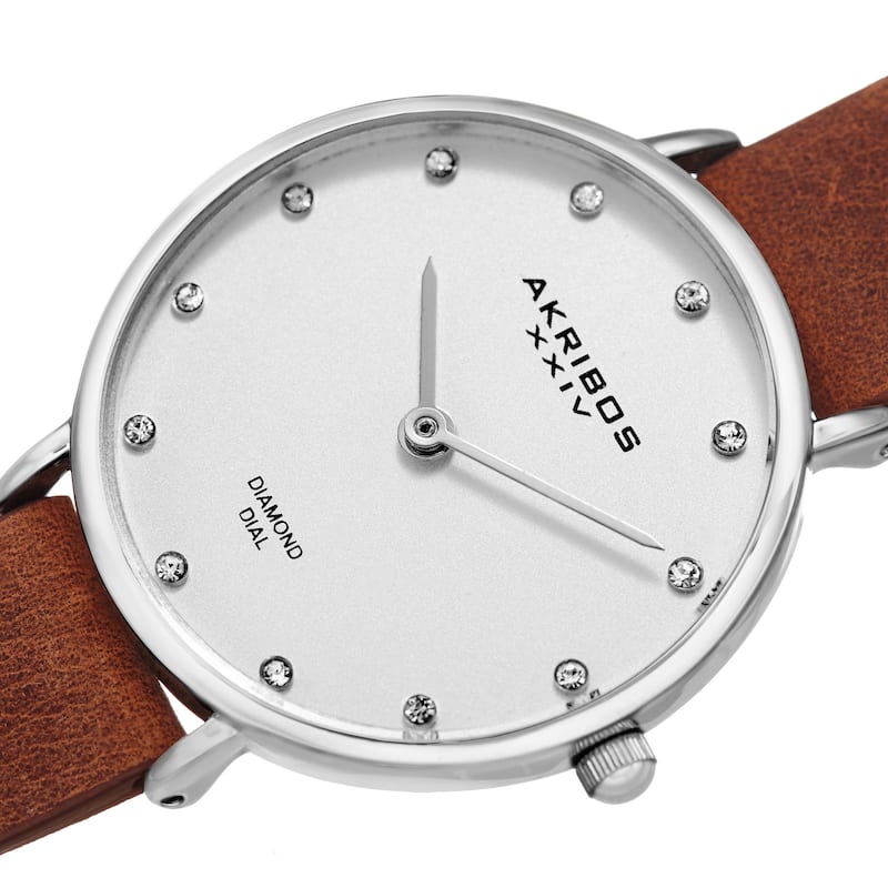 Akribos XXIV Women's Quartz Diamond Markers 'Crazy Horse' Leather Silver-Tone Strap Watch - brown