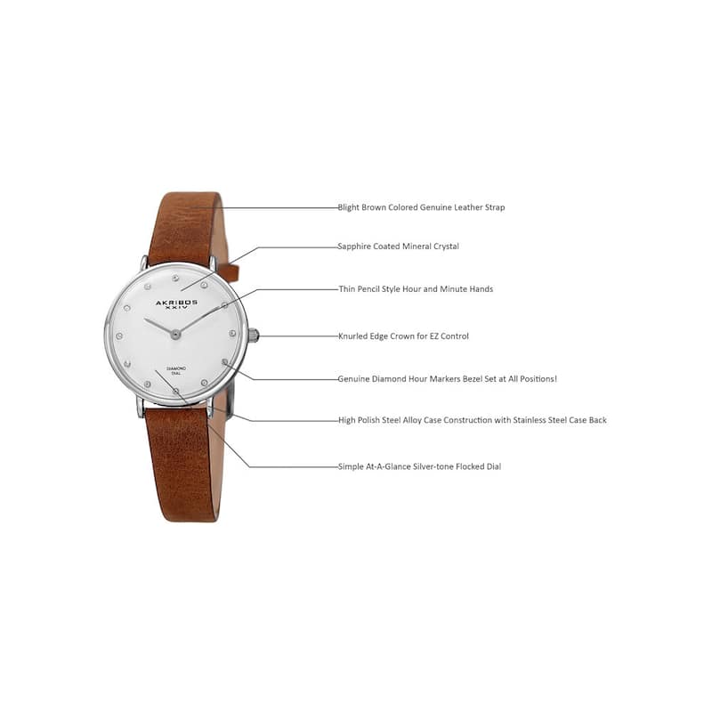 Akribos XXIV Women's Quartz Diamond Markers 'Crazy Horse' Leather Silver-Tone Strap Watch - brown