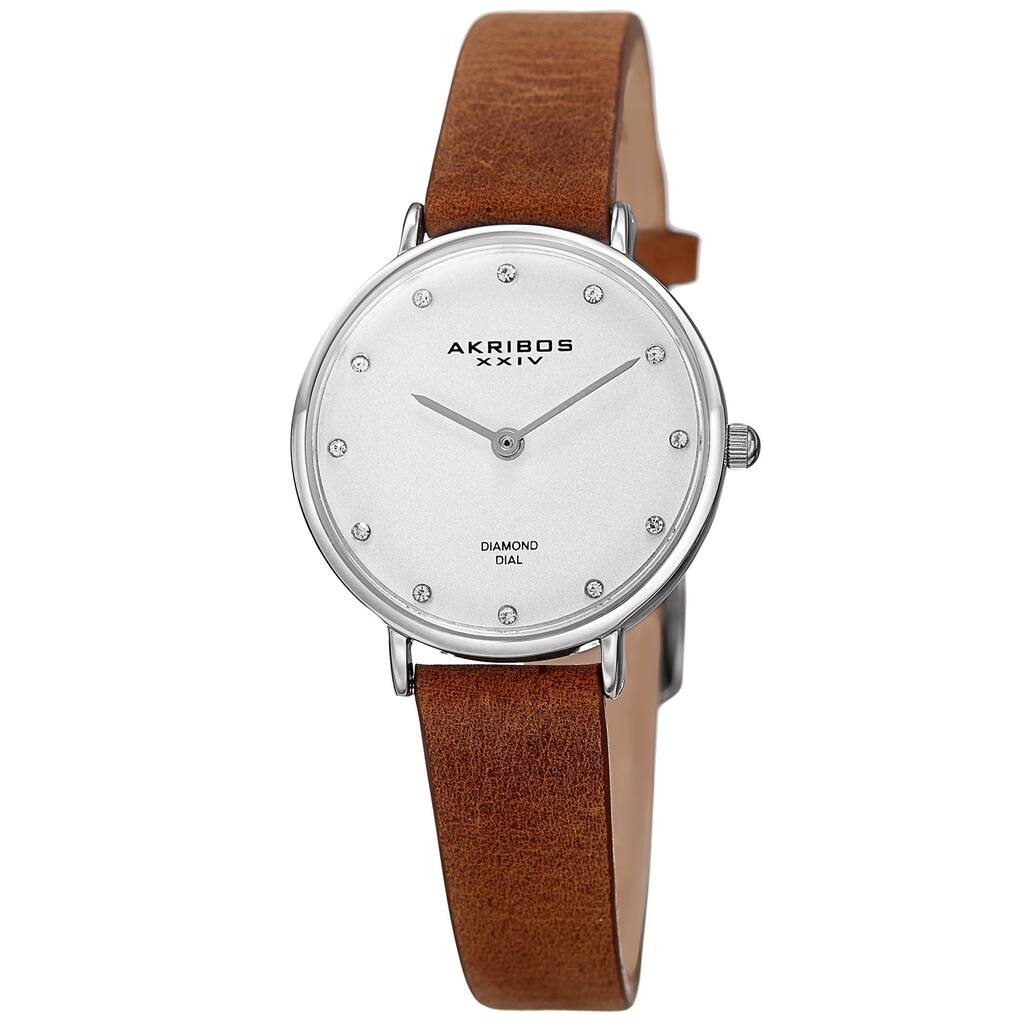 Akribos XXIV Women's Quartz Diamond Markers 'Crazy Horse' Leather Silver-Tone Strap Watch - brown