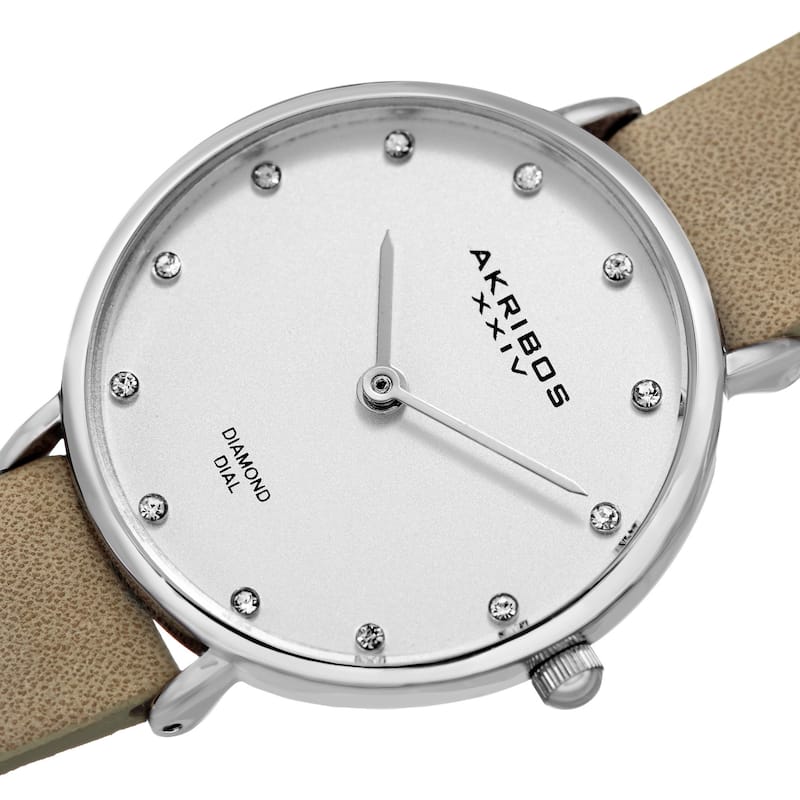 Akribos XXIV Women's Quartz Diamond Markers 'Crazy Horse' Leather White Strap Watch - grey