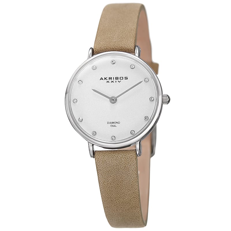 Akribos XXIV Women's Quartz Diamond Markers 'Crazy Horse' Leather White Strap Watch - grey