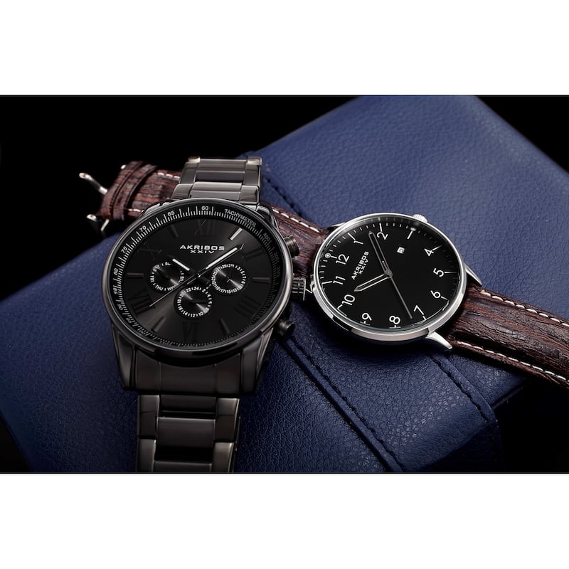 Akribos XXIV Men's Swiss Quartz Leather Strap and Stainless Steel Bracelet Watch Box Set of 2