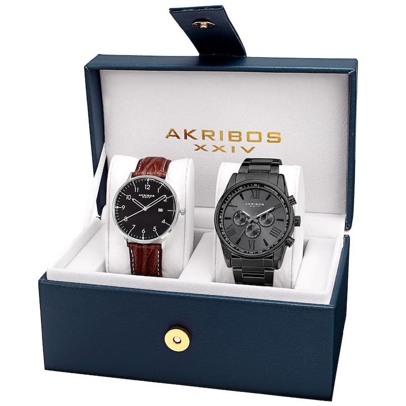 Akribos XXIV Men's Swiss Quartz Leather Strap and Stainless Steel Bracelet Watch Box Set of 2