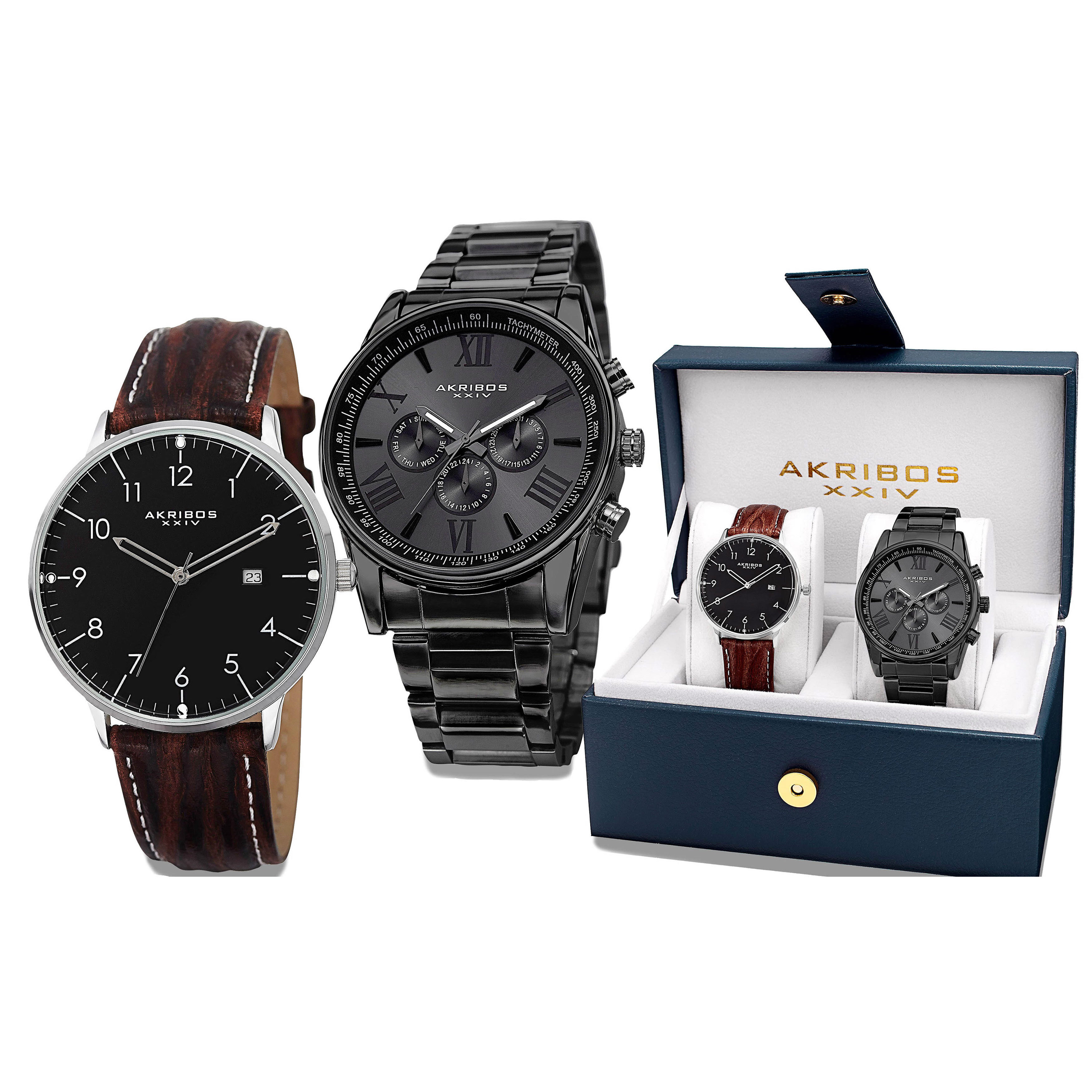 Akribos Iv Men S Swiss Quartz Leather Strap And Stainless Steel Bracelet Watch Box Set Of 2 Akribos Iv Men S Swiss Quartz Leather Strap And Stainless Steel Bracelet Watch Box Set Of 2
