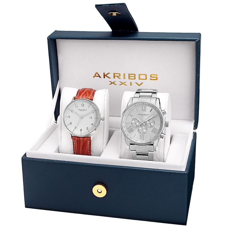 Akribos XXIV Men's Swiss Quartz Leather Strap and Stainless Steel Bracelet Watch Box Set of 2 - Silver-Tone - Silver-Tone - Silver-Tone
