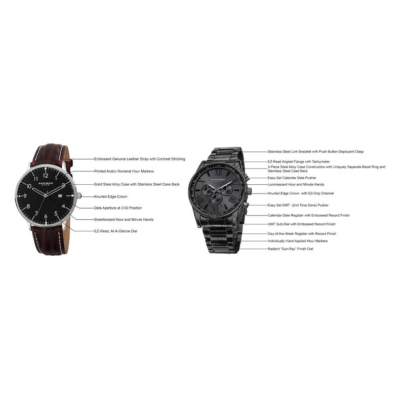 Akribos XXIV Men's Swiss Quartz Leather Strap and Stainless Steel Bracelet Watch Box Set of 2
