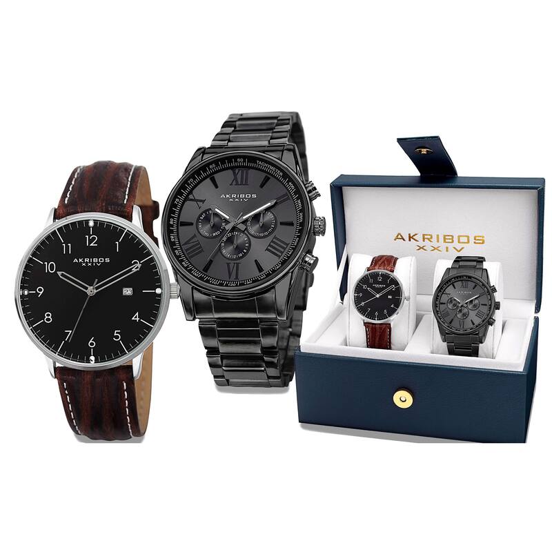 Akribos XXIV Men's Swiss Quartz Leather Strap and Stainless Steel Bracelet Watch Box Set of 2