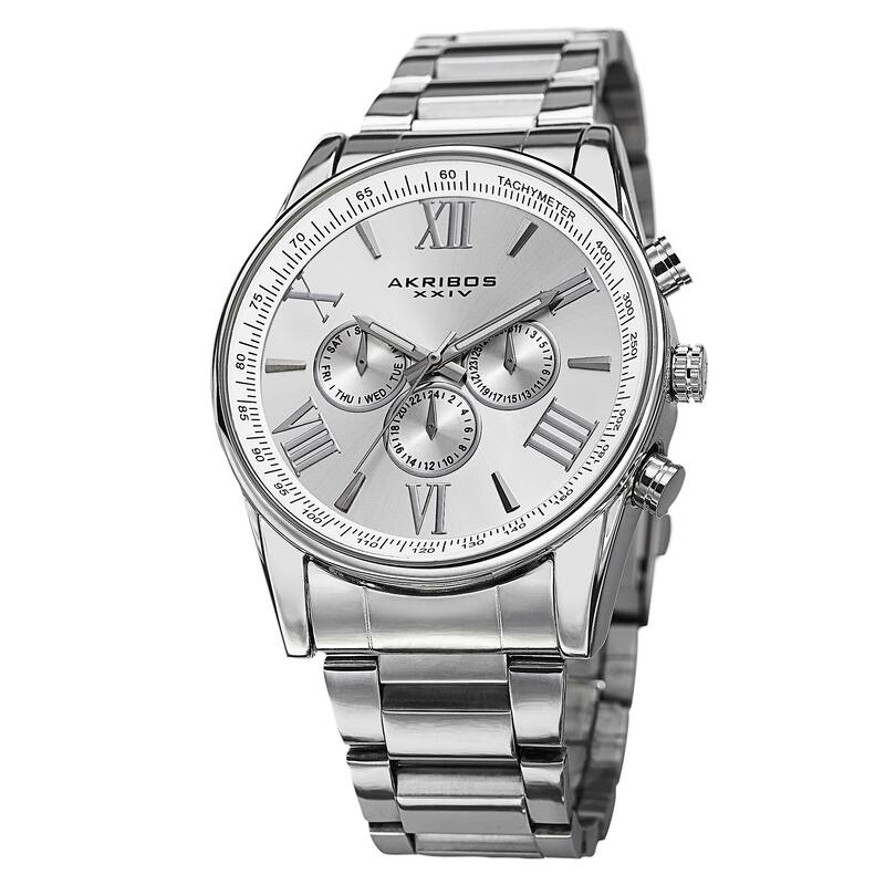 Akribos XXIV Men's Swiss Quartz Multifunction Silver-Tone Strap/Bracelet Watch Set - silver