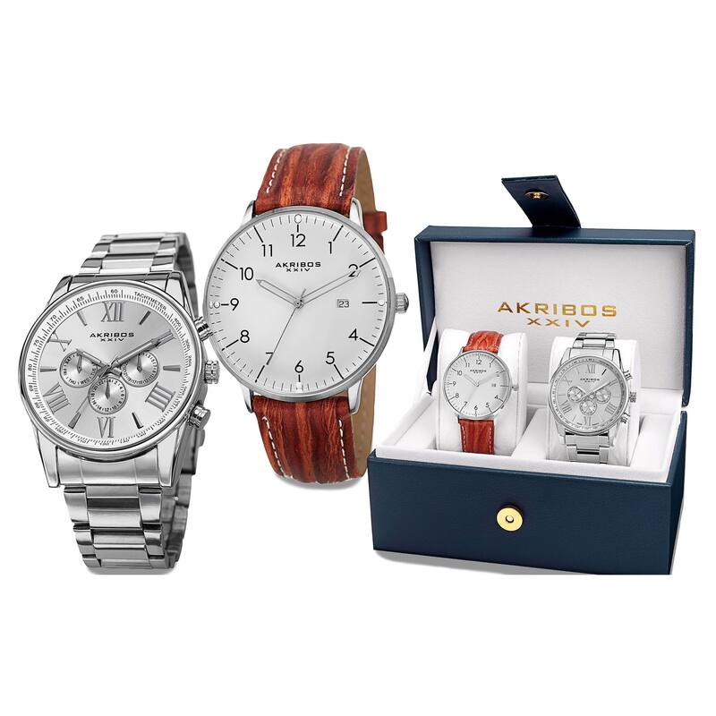 Akribos XXIV Men's Swiss Quartz Multifunction Silver-Tone Strap/Bracelet Watch Set - silver