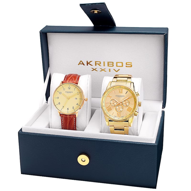 Akribos XXIV Men's Swiss Quartz Multifunction Gold-Tone Strap/Bracelet Watch Set - Gold