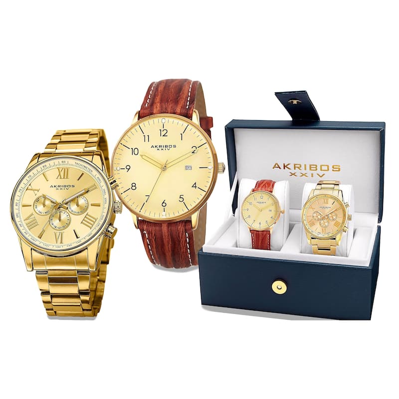 Akribos XXIV Men's Swiss Quartz Multifunction Gold-Tone Strap/Bracelet Watch Set - Gold