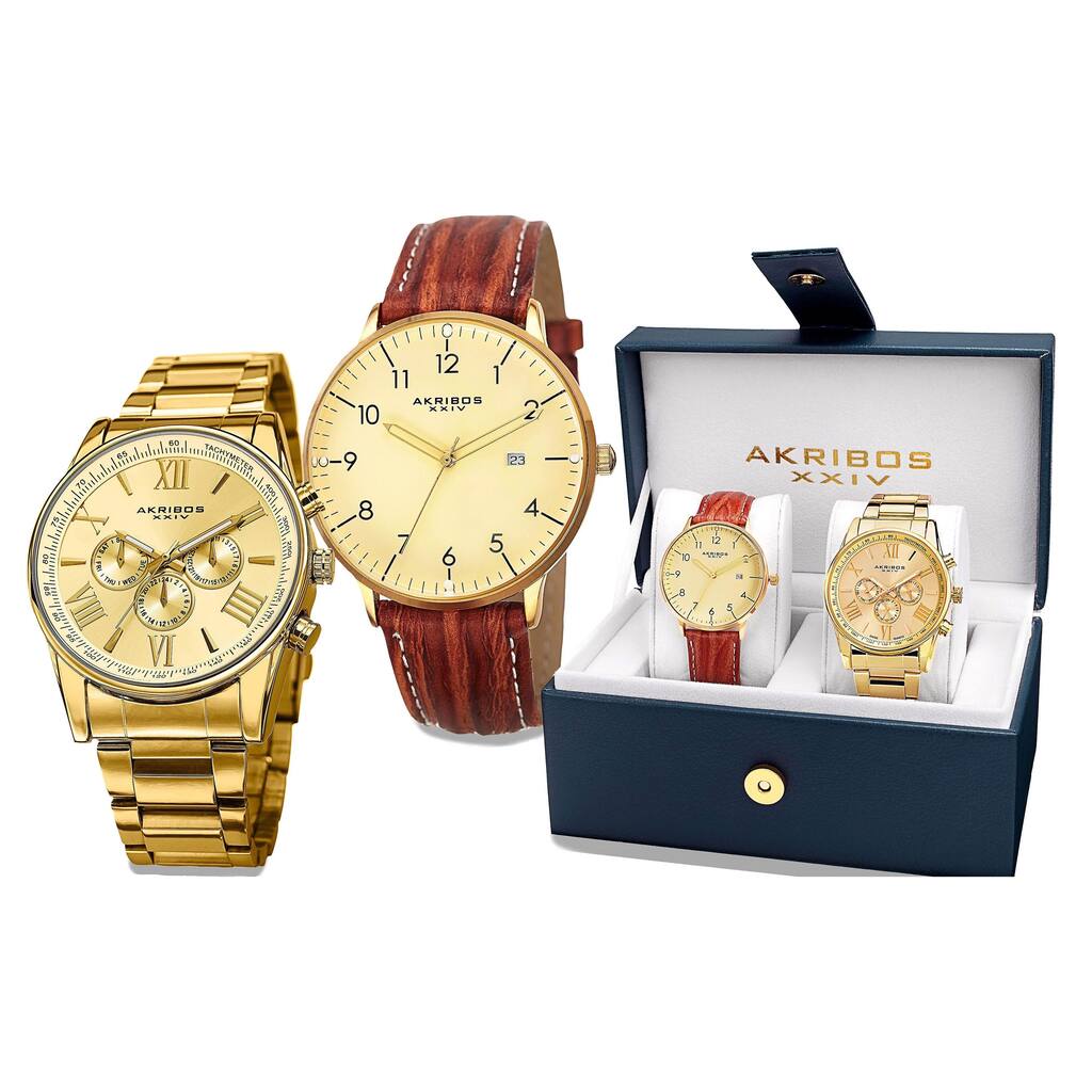 Akribos XXIV Men's Swiss Quartz Multifunction Gold-Tone Strap/Bracelet Watch Set - Gold