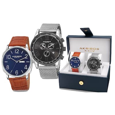 Akribos XXIV Men's Quartz Multifunction Silver-Tone Strap/Bracelet Watch Set - BLue