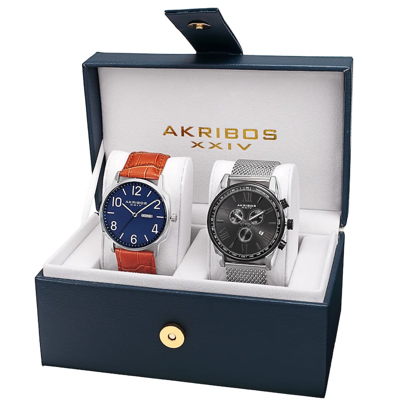 Akribos XXIV Men's Quartz Multifunction Silver-Tone Strap/Bracelet Watch Set - BLue