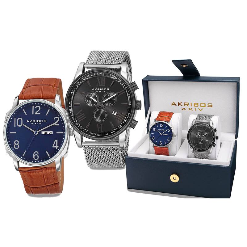 Akribos XXIV Men's Quartz Multifunction Silver-Tone Strap/Bracelet Watch Set - BLue