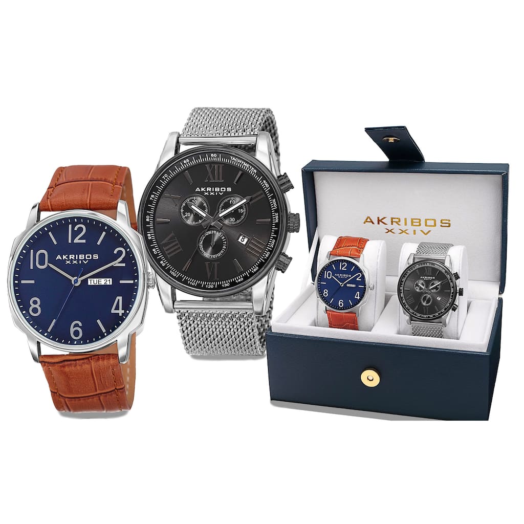 Akribos XXIV Men's Quartz Multifunction Silver-Tone Strap/Bracelet Watch Set - BLue