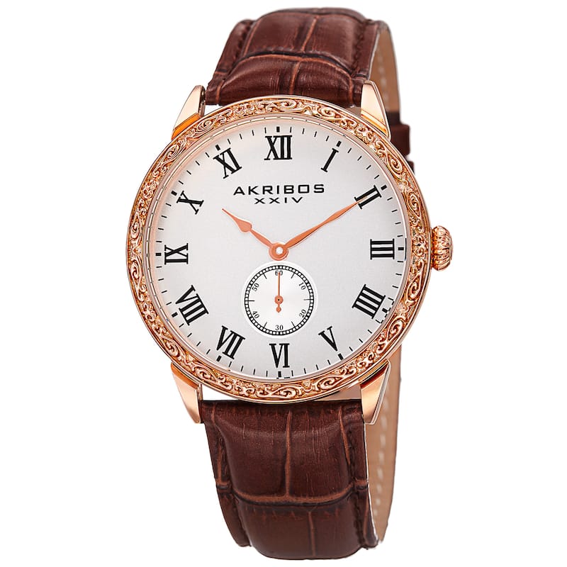 Akribos XXIV Men's Roman Numerals Quartz Leather Rose-Tone Strap Watch - brown
