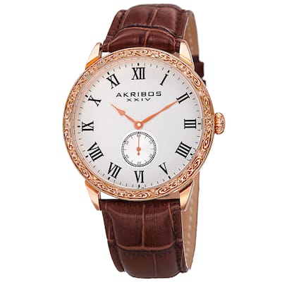 Akribos XXIV Men's Roman Numerals Quartz Leather Rose-Tone Strap Watch - brown