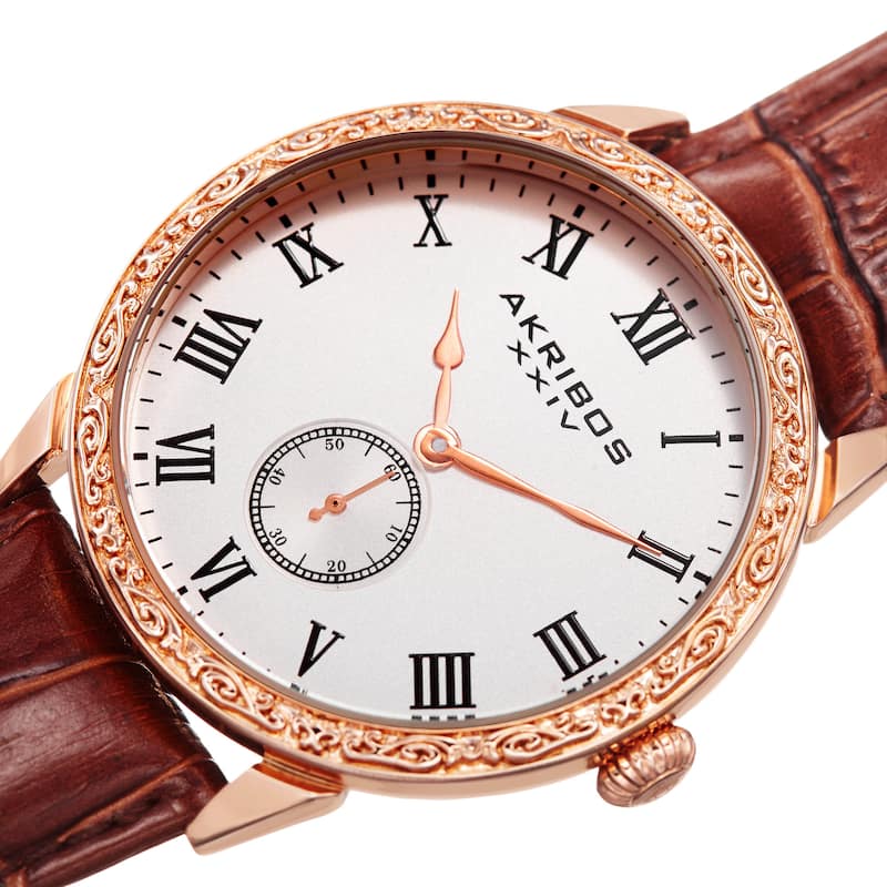 Akribos XXIV Men's Roman Numerals Quartz Leather Rose-Tone Strap Watch - brown