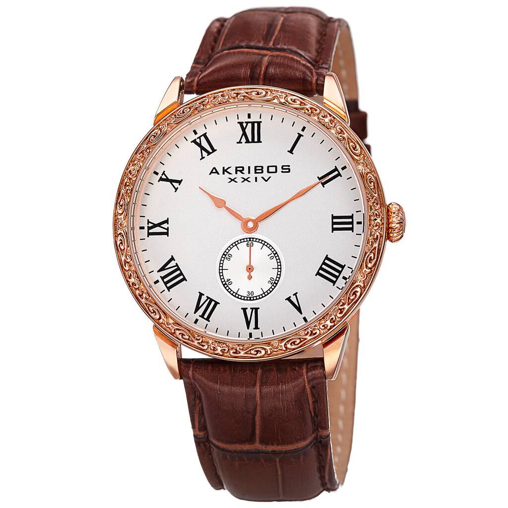Akribos XXIV Men's Roman Numerals Quartz Leather Rose-Tone Strap Watch - brown