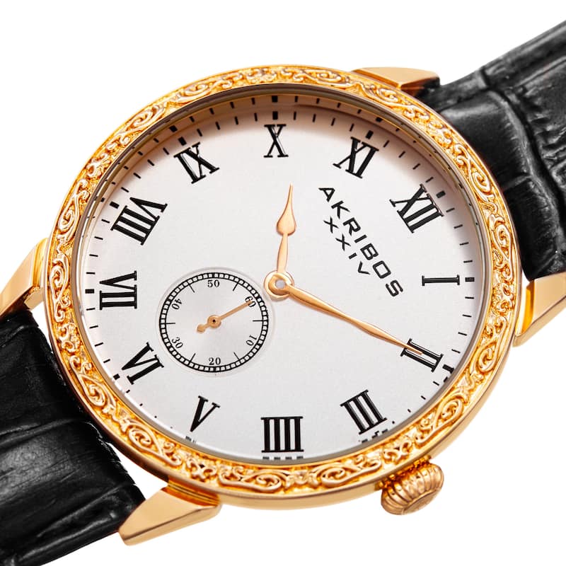 Akribos XXIV Men's Roman Numerals Quartz Leather Gold-Tone Strap Watch - GOLD
