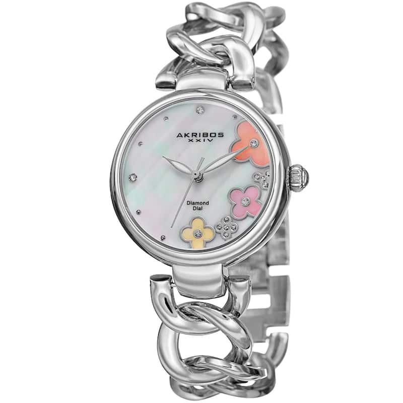 Akribos XXIV Women's Quartz Diamonds Silver-Tone Bracelet/ Strap Watches Set - silver