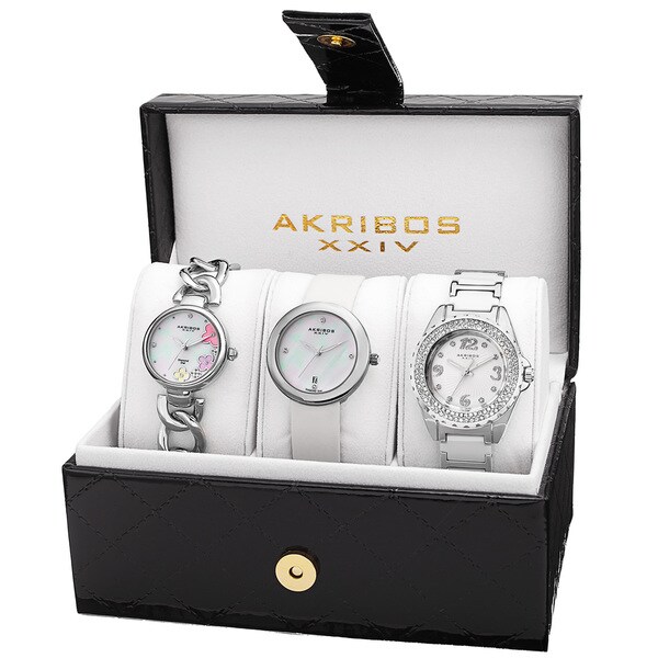 Akribos XXIV Women's Quartz Diamonds Silver-Tone Bracelet/ Strap Watches Set with FREE Bangle - silver