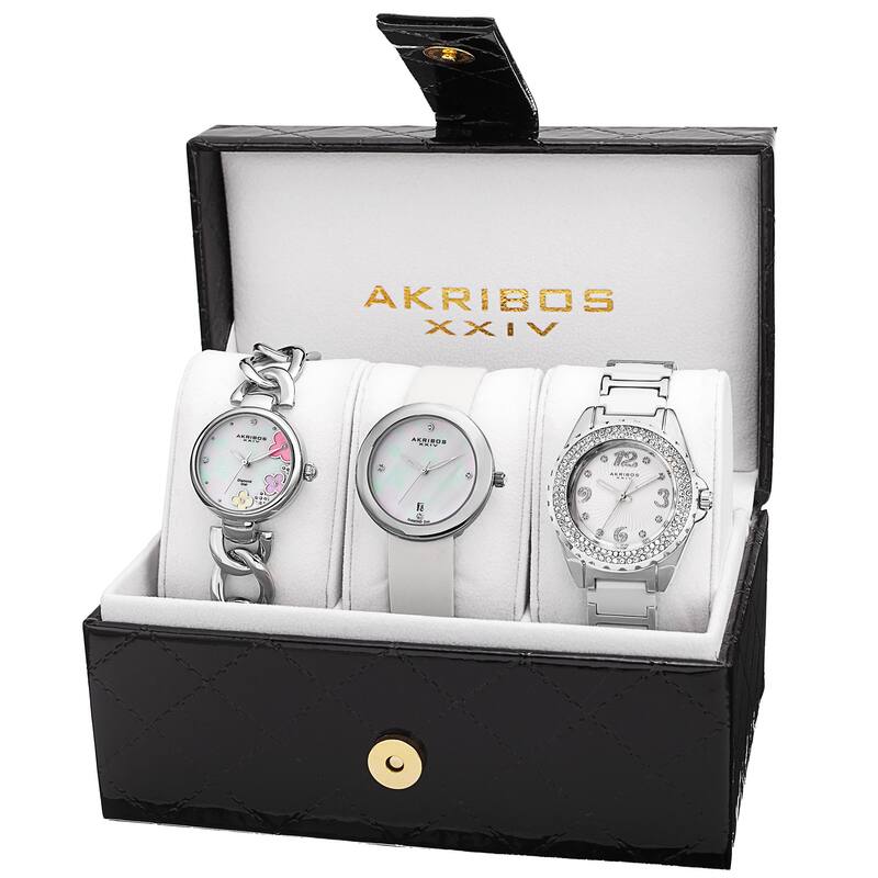 Akribos XXIV Women's Quartz Diamonds Silver-Tone Bracelet/ Strap Watches Set - silver