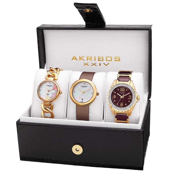 Akribos XXIV Women's Quartz Diamonds Bracelet/Gold-Tone Strap Watches Set - GOLD