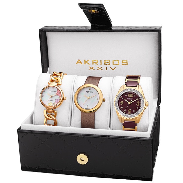 Akribos XXIV Women's Quartz Diamonds Bracelet/Gold-Tone Strap Watches Set - GOLD