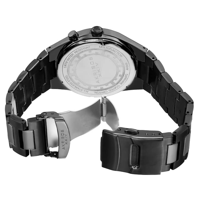Akribos XXIV Men's Swiss Quartz Dual-Time Multifunction Stainless Steel Black Bracelet Watch