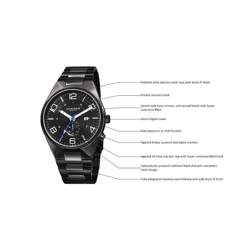 Akribos XXIV Men's Swiss Quartz Dual-Time Multifunction Stainless Steel Black Bracelet Watch