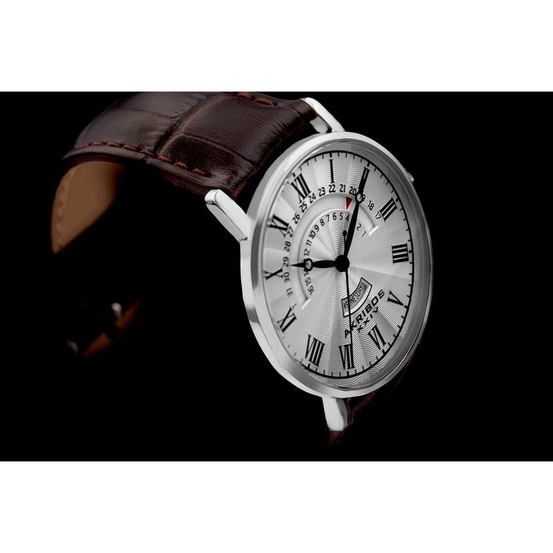 Akribos XXIV Men's Quartz Retrograde Date/Day Leather Silver-Tone Strap Watch - brown