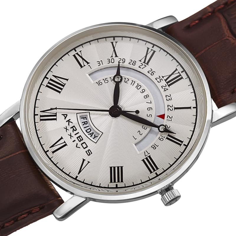 Akribos XXIV Men's Quartz Retrograde Date/Day Leather Silver-Tone Strap Watch - brown