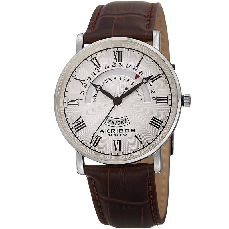 Akribos XXIV Men's Quartz Retrograde Date/Day Leather Silver-Tone Strap Watch - brown
