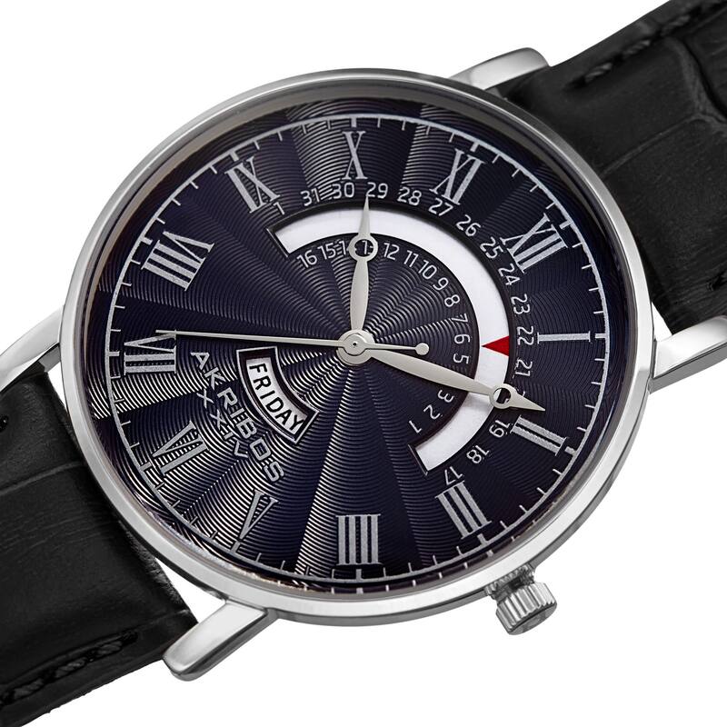 Akribos XXIV Men's Quartz Retrograde Date/Day Leather Silver-Tone Strap Watch - Blue