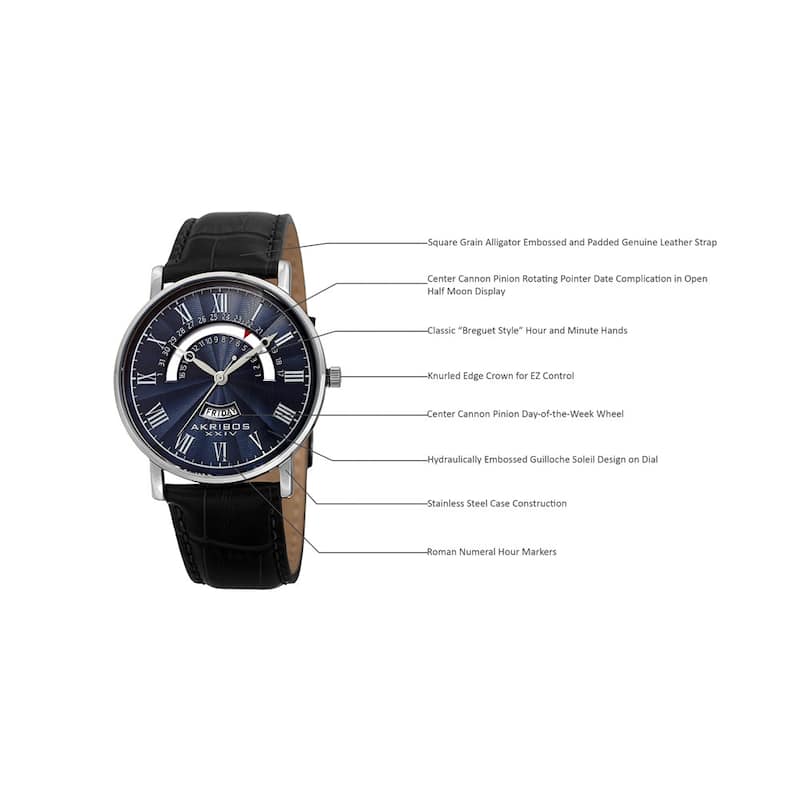 Akribos XXIV Men's Quartz Retrograde Date/Day Leather Silver-Tone Strap Watch - Blue