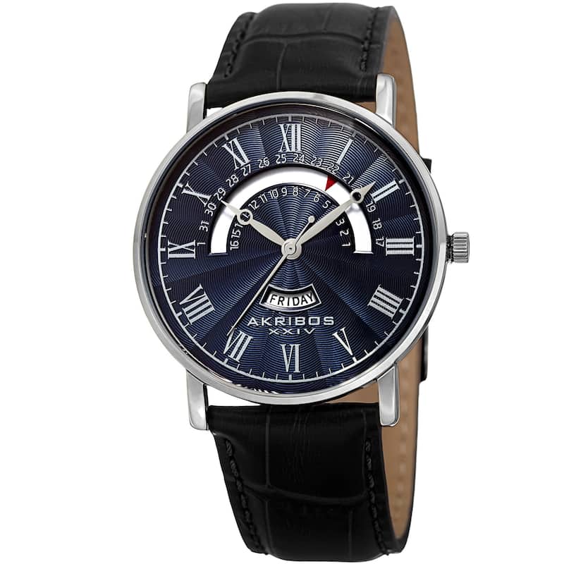 Akribos XXIV Men's Quartz Retrograde Date/Day Leather Silver-Tone Strap Watch - Blue