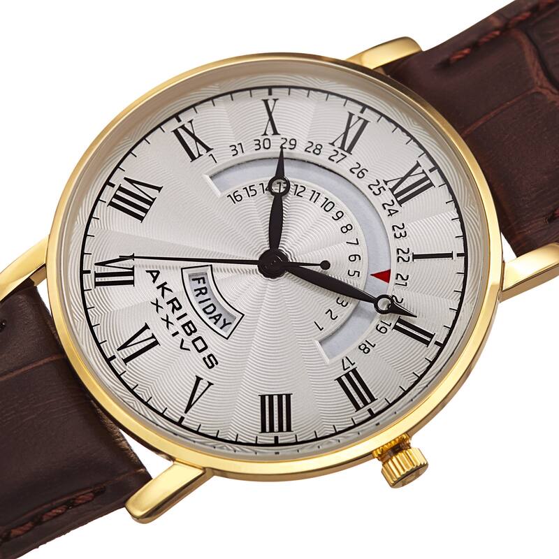Akribos XXIV Men's Quartz Retrograde Date/Day Leather Gold-Tone Strap Watch - Gold